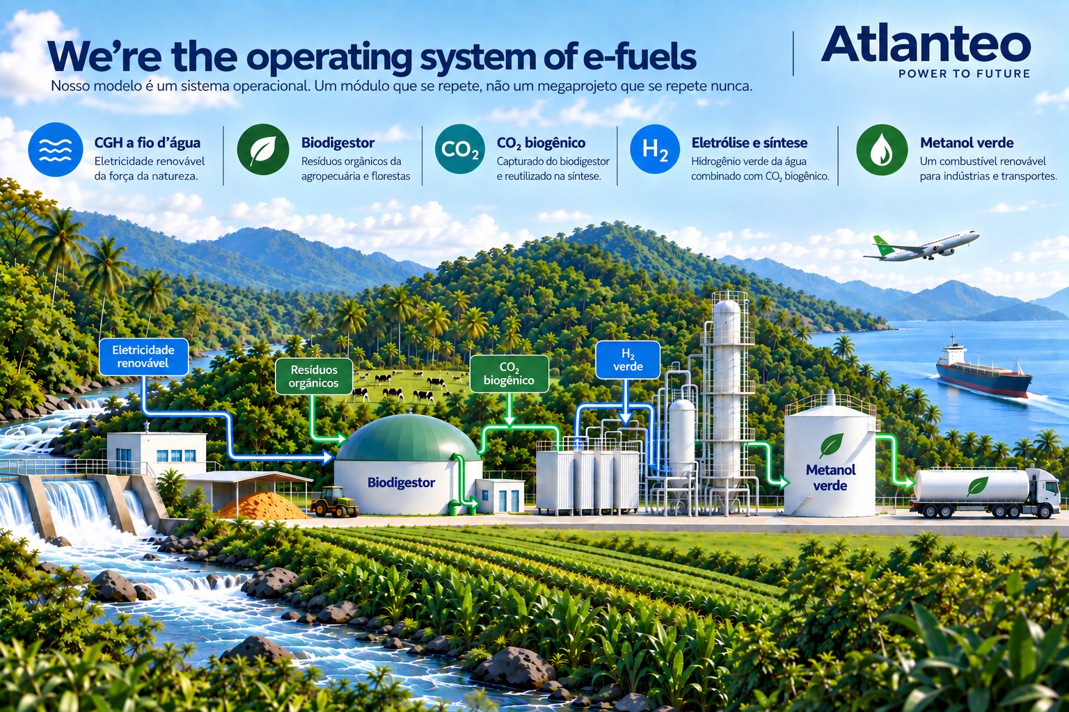 Atlanteo e-fuel module: run-of-river hydro power, biodigester with biogenic CO2 capture, electrolysis and synthesis, green methanol for industry and transport